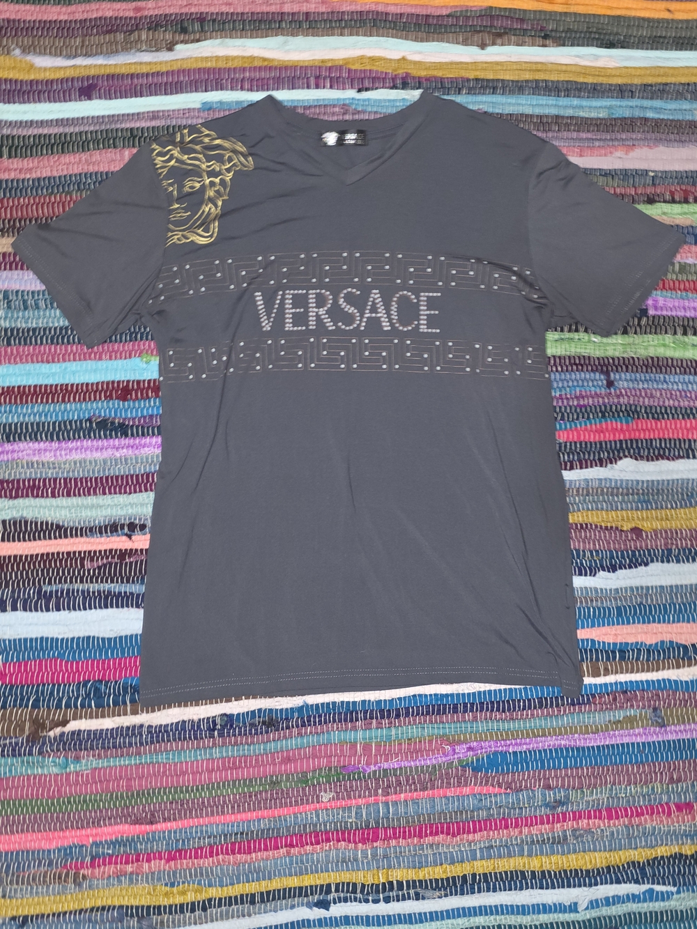 Versace Gray Short Sleeve V-Neck Tee with Gold Medusa Accent